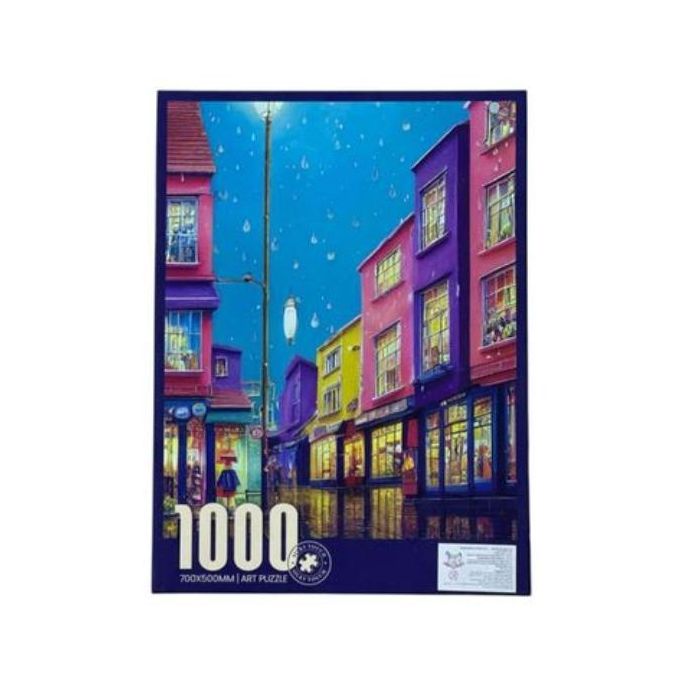 1000-piece art puzzle - a colorful street in the rain with glowing lanterns