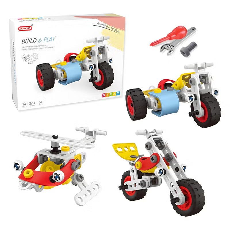 Toybot 3 in 1 Helicopter Motorcycle Tricycle STEM Building 74 Pcs DIY Toys for Kids