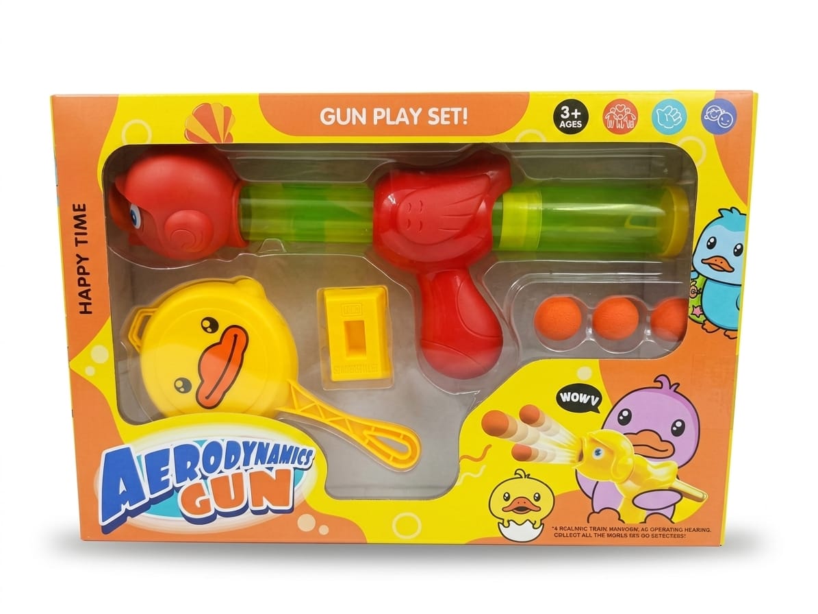 Aerodynamics Gun play set features a colorful yellow duck target