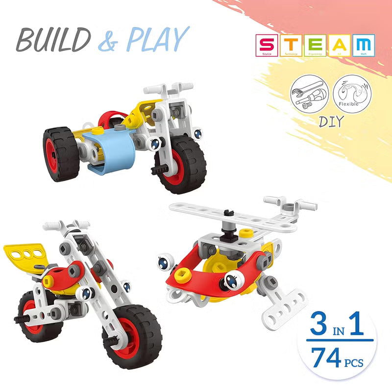 Toybot 3 in 1 Helicopter Motorcycle Tricycle STEM Building 74 Pcs DIY Toys for Kids