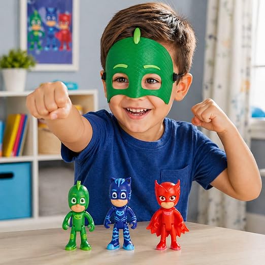 Super-Hero Cartoon Suit Toy Set, 3 Action Figures with Mask, PJ-Masks Theme (Green-Night Time Heroes)