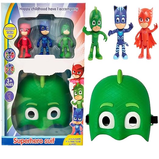 Super-Hero Cartoon Suit Toy Set, 3 Action Figures with Mask, PJ-Masks Theme (Green-Night Time Heroes)