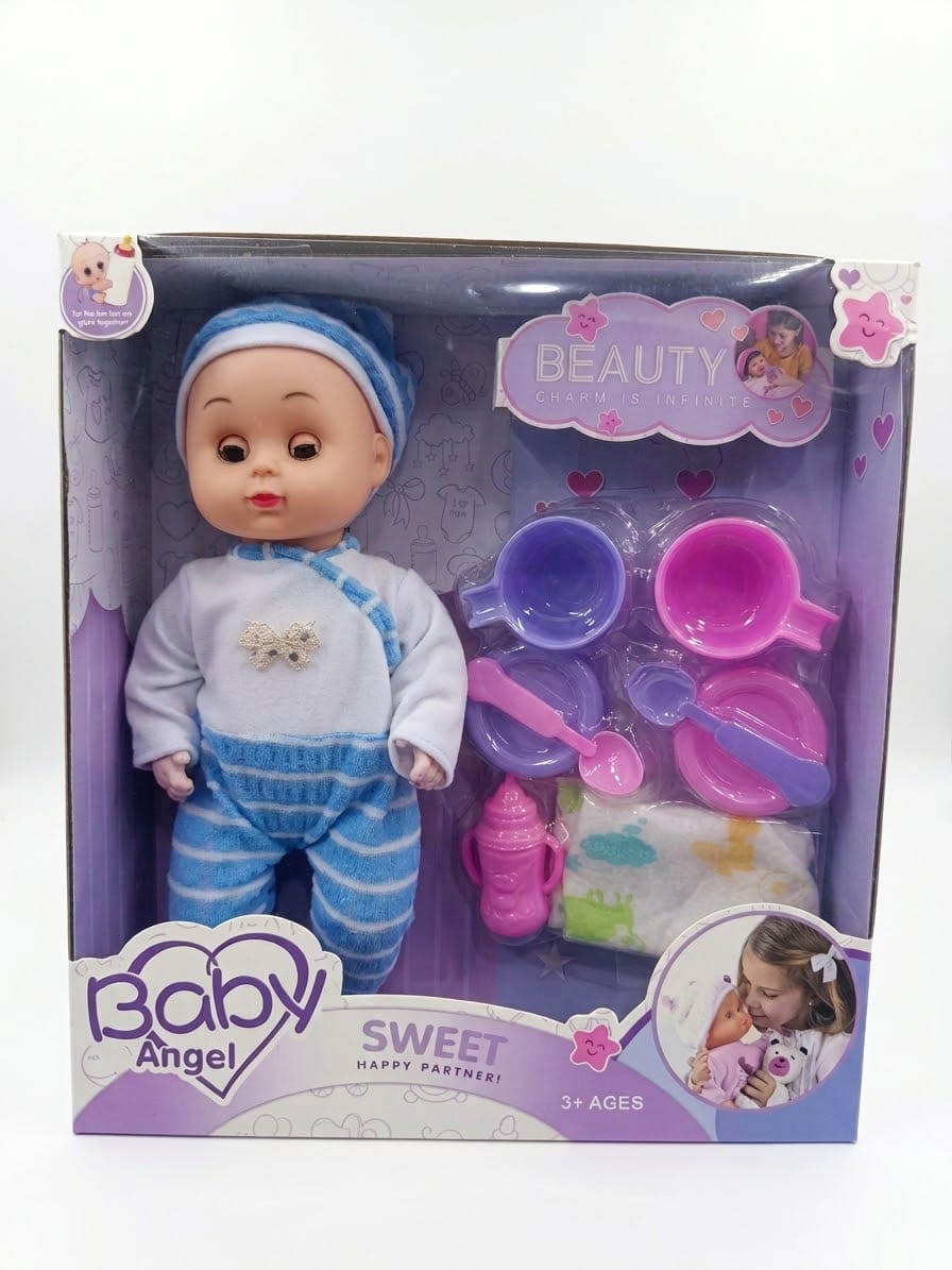 Baby doll with bottle, towel and kitchen utensils