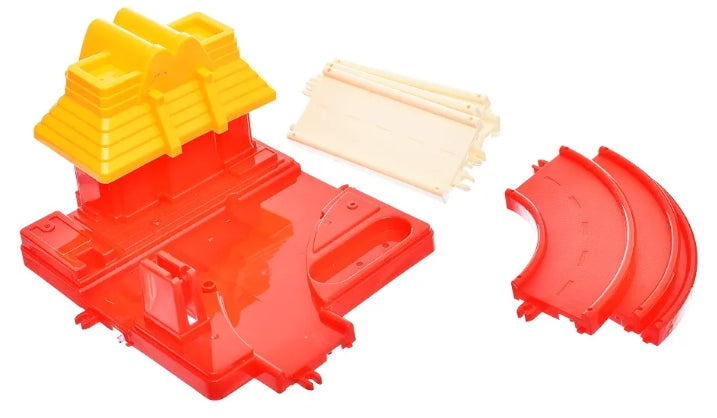 A large plastic racing car set with superhero cartoon characters adds extra fun for children; multi-colored, set of 25 pieces.