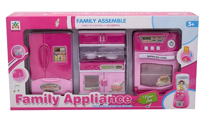 The family kitchen consists of a refrigerator, a stove, and a kitchenette.