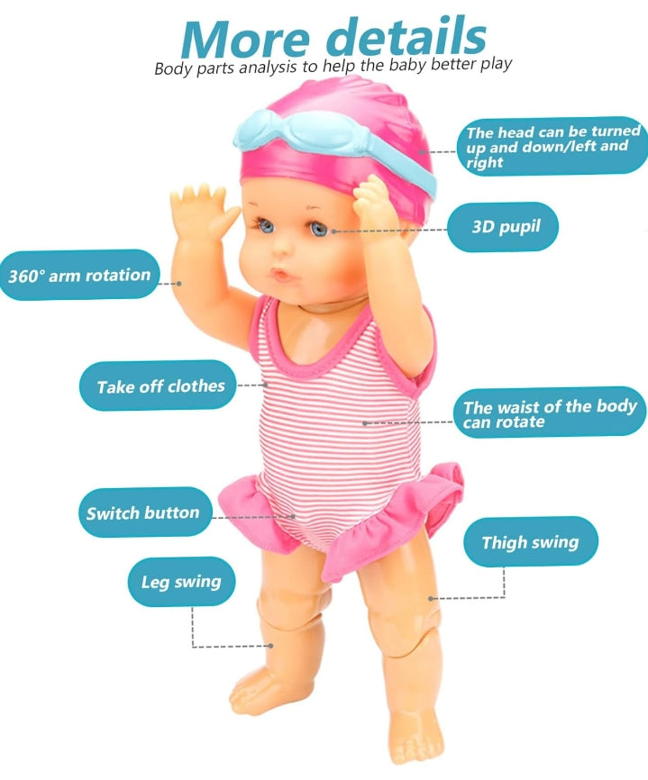 Swimming Baby Doll with Movable Joint Battery Powered Breaststroke Swimming Doll with Detachable Suit Cute Realistic Waterproof Baby Doll for Pool Bathtub, No Battery